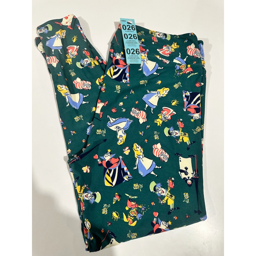 LuLaRoe Alice in Wonderland Disney Leggings Green TC2 Mad Hatter Cheshire Cat - Picture 1 of 4